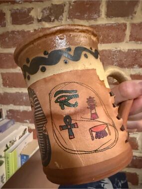 Handmade Egyptian Pottery Mug Leather Accents Ancient Egyptian Design